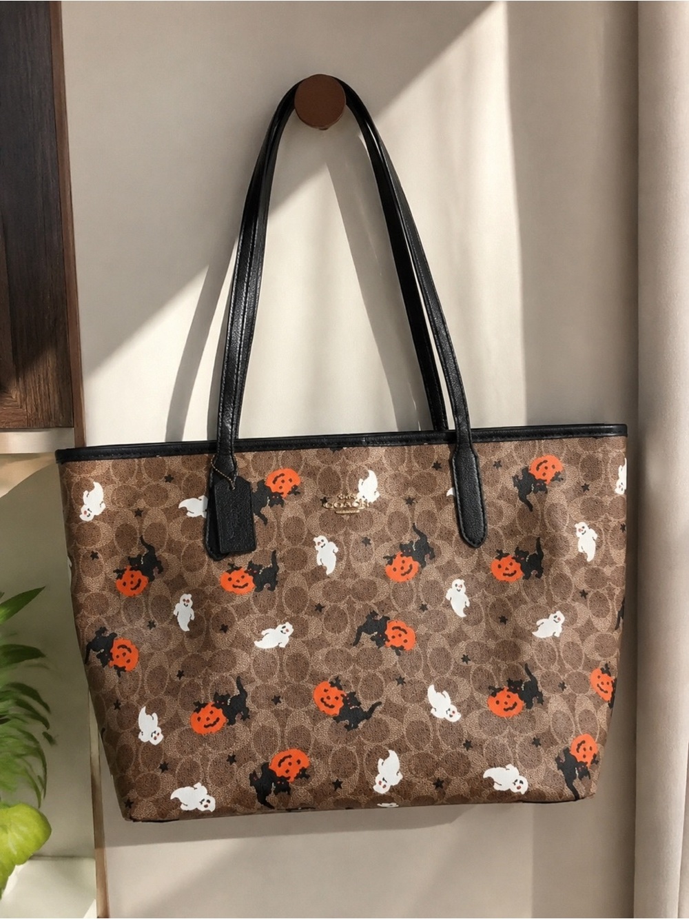 Coach Brown Signature Halloween Tote with Orange Pumpkins & White Ghosts - Picture 2 of 3